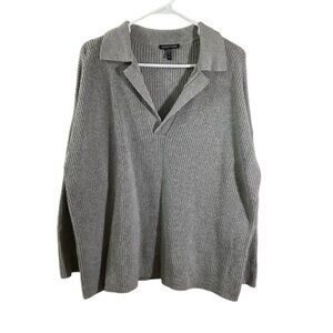 Eileen Fisher Gray Cashmere/Cotton Blend Polo Knit Gray Sweater Sz M